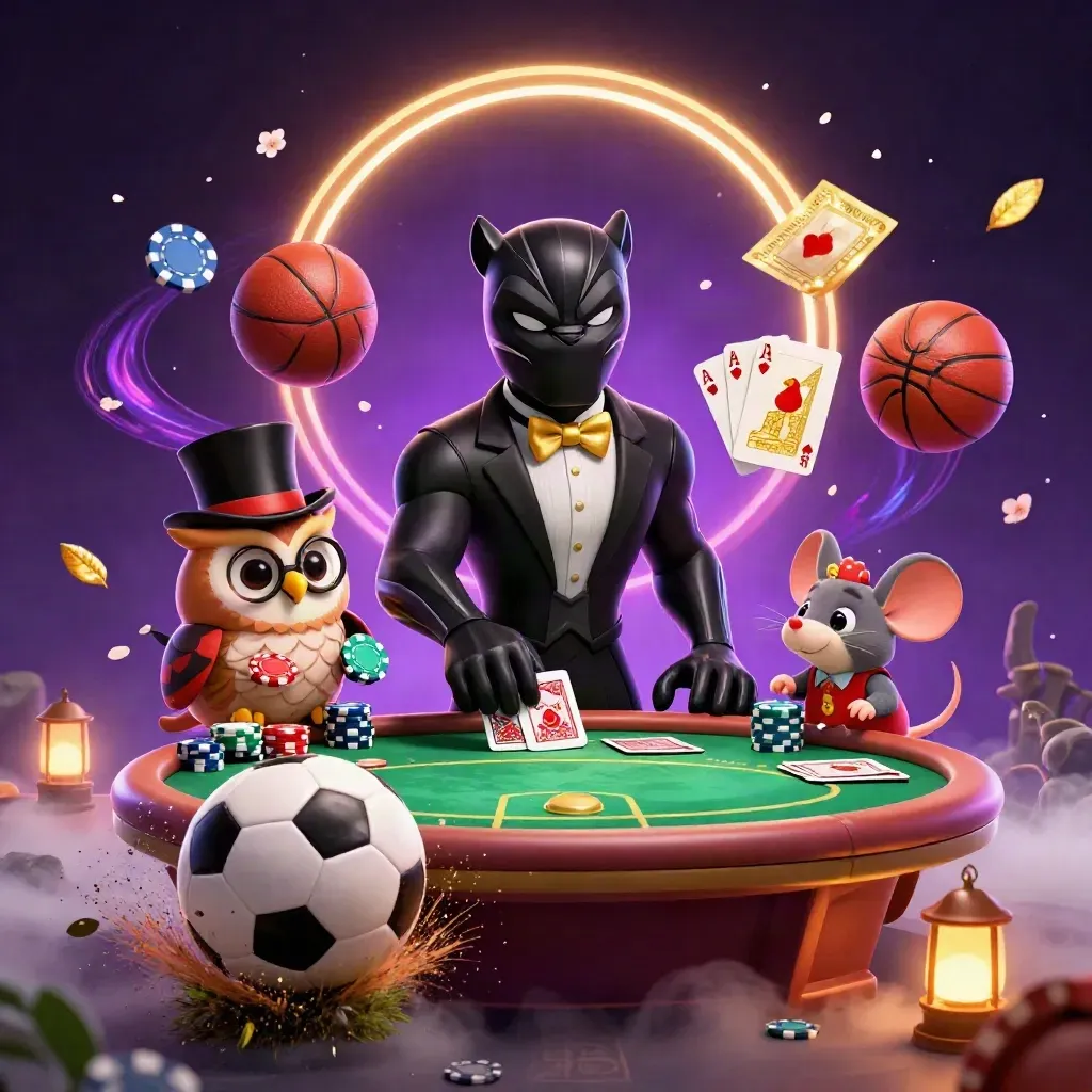 Black panther, owl and mouse amid cards, chips and a soccer ball in a luxe casino sports burst.