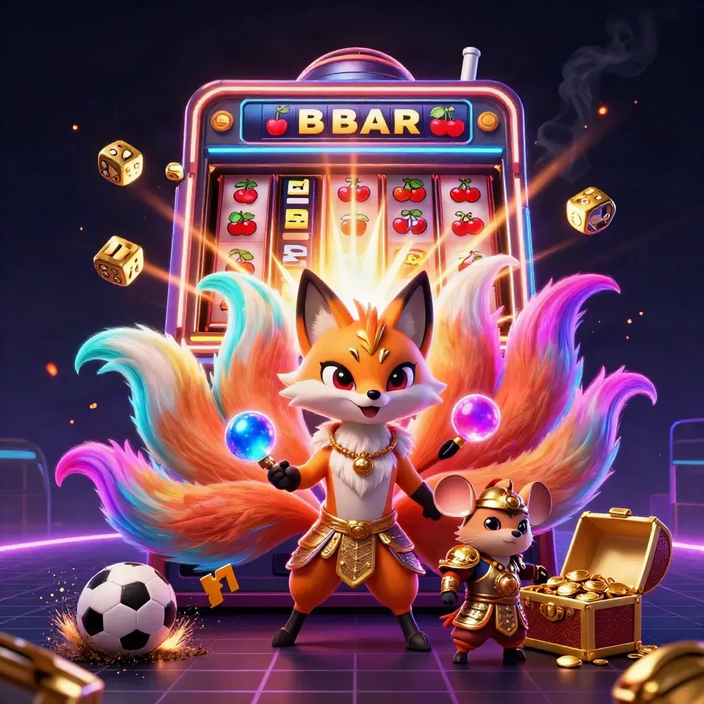 Neon fox spirit, armored mouse, flying balls, slot burst, gold, and dark casino glow.