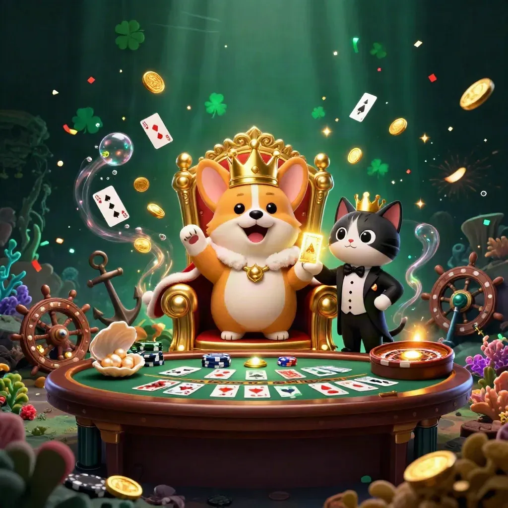 Royal corgi and cat butler in a glowing treasure cove with casino magic and fireworks