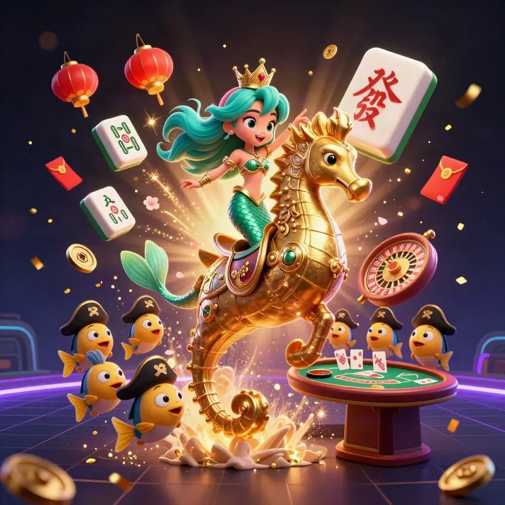 Mermaid princess on a golden seahorse amid casino treasures, lanterns, and neon light.