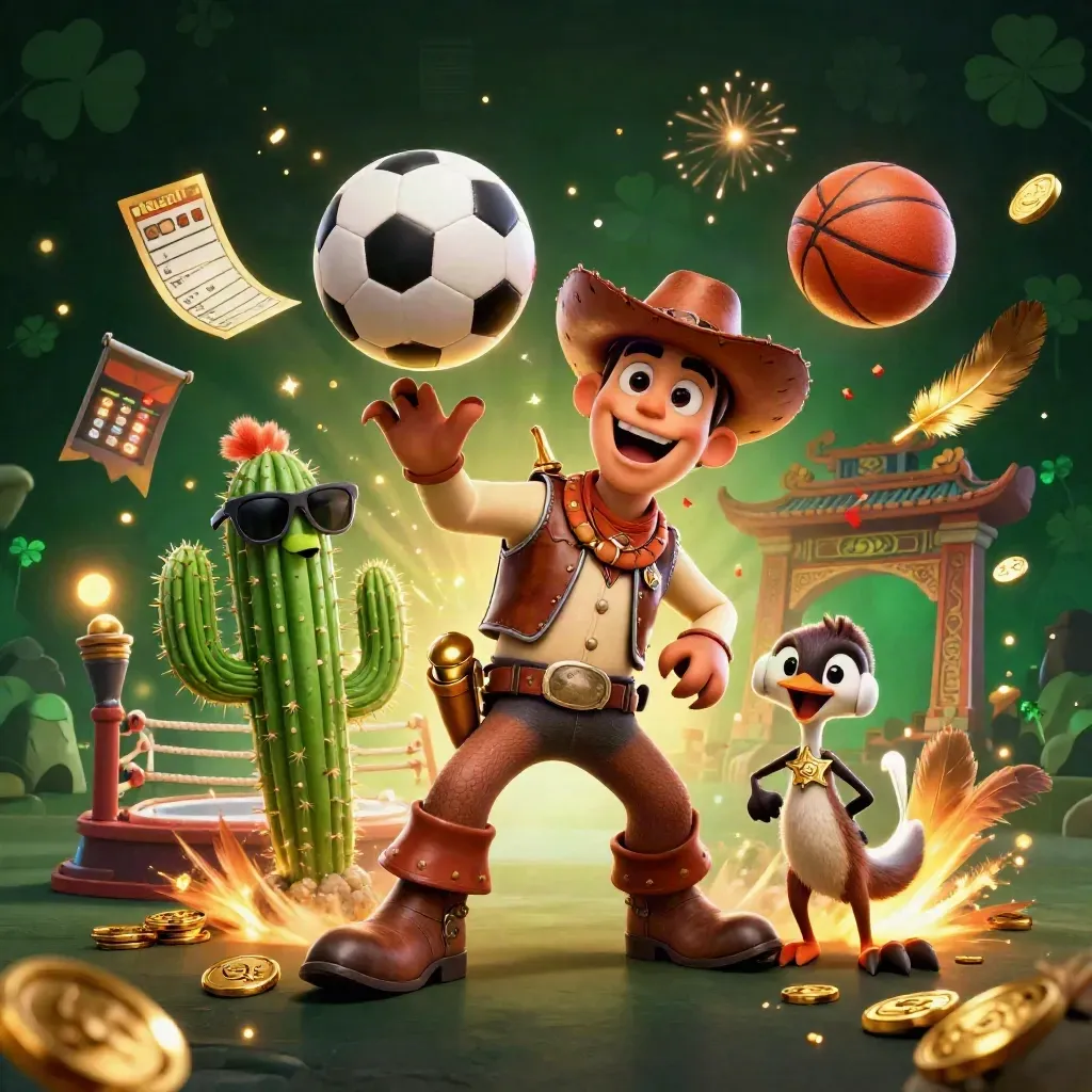 Cowboy T-Rex, cactus, and roadrunner amid flying balls, coins, firelight, and casino glow.