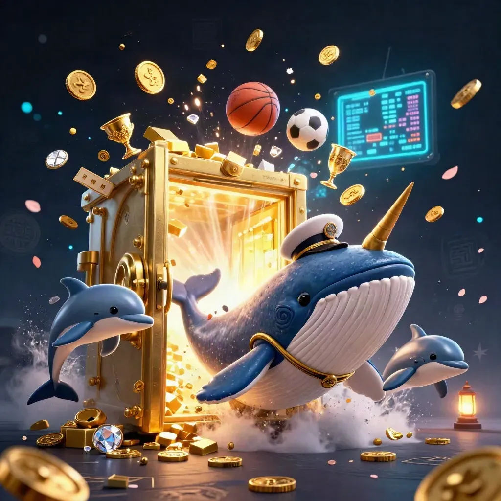 Whale, narwhal and dolphins burst through coins with a gold vault and casino glow