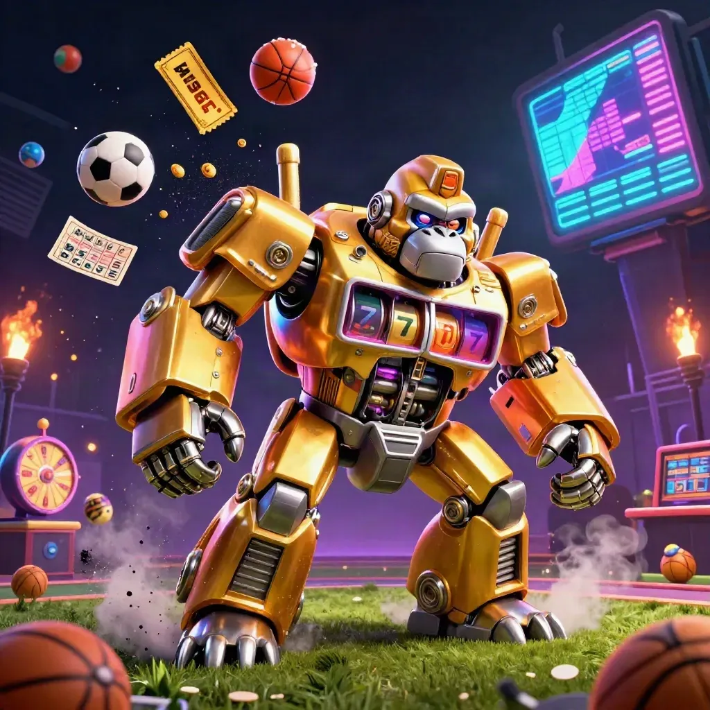 Golden gorilla slot-mech hurls balls and prize icons through a neon casino-sport arena.