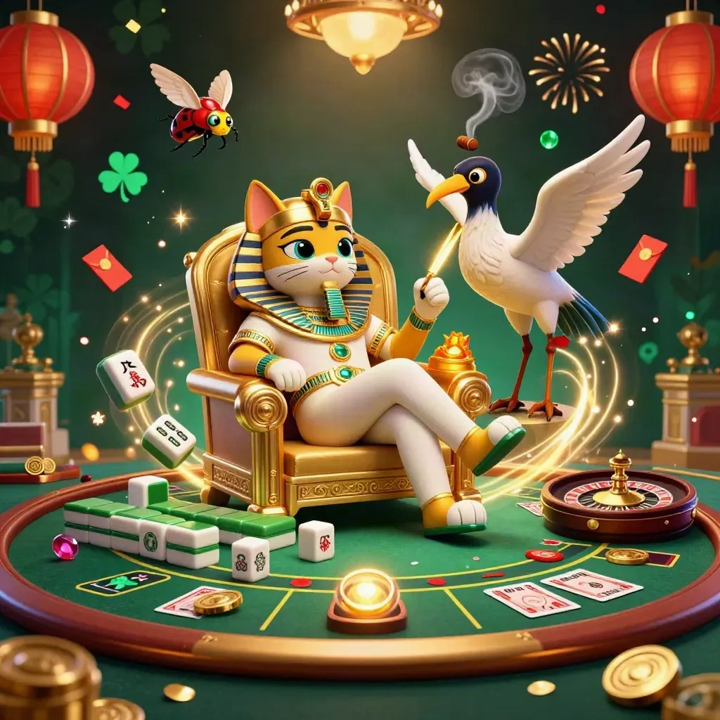 Pharaoh cat, ibis scribe, and scarabs amid casino glow, roulette, lanterns, gold, and emerald light