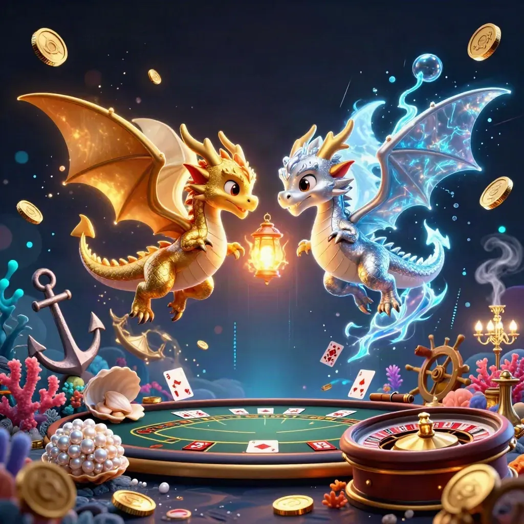Gold and silver dragons swirl in a luxe casino cove with coins, coral, and glowing effects.