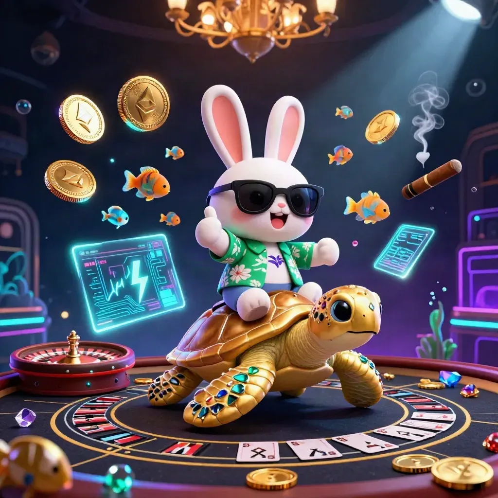 Lucky rabbit rides a gem-shell sea turtle amid casino coins, cards, and neon tech effects.