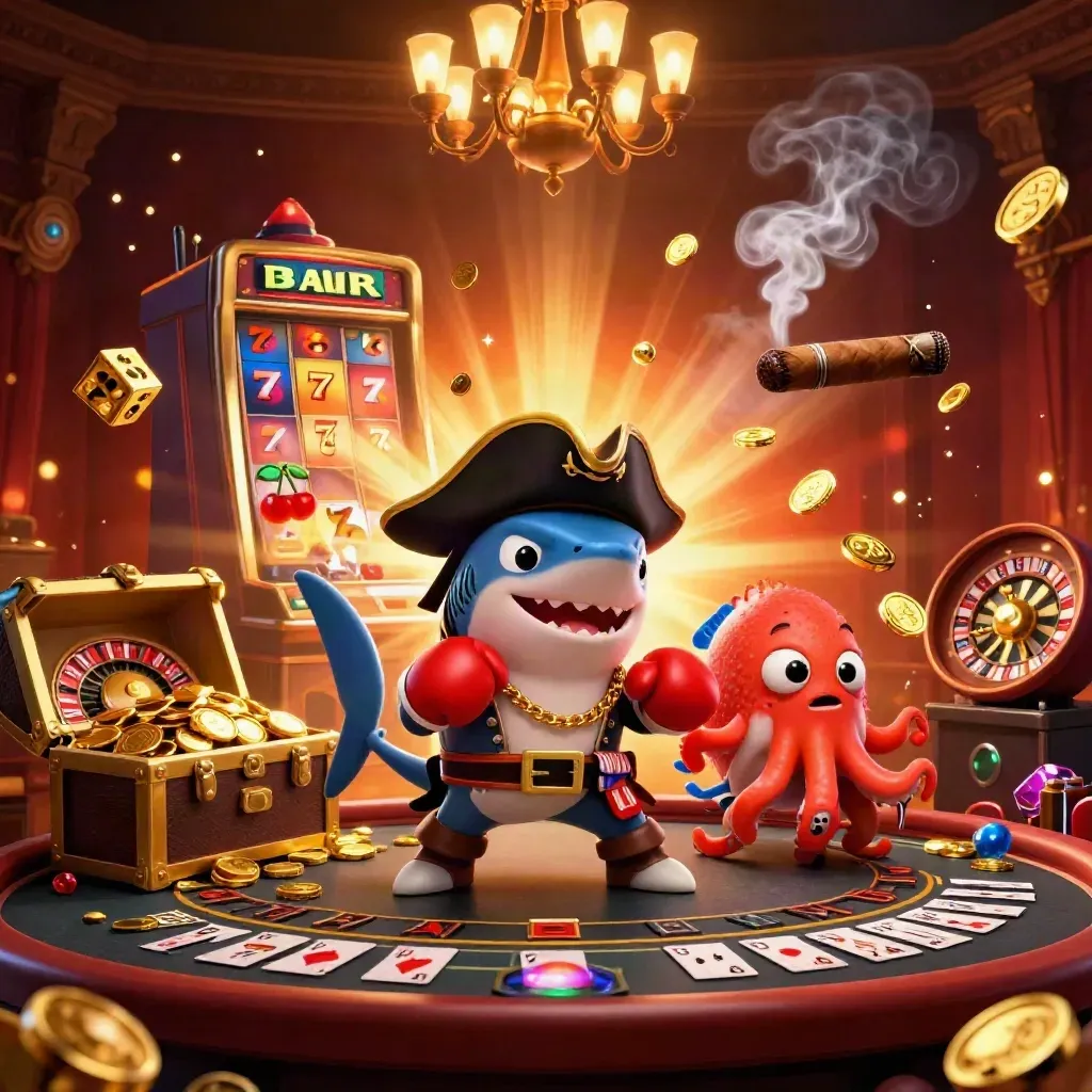 Shark captain, boxing pufferfish, and coin-juggling octopus amid casino bursts and luxe glow.