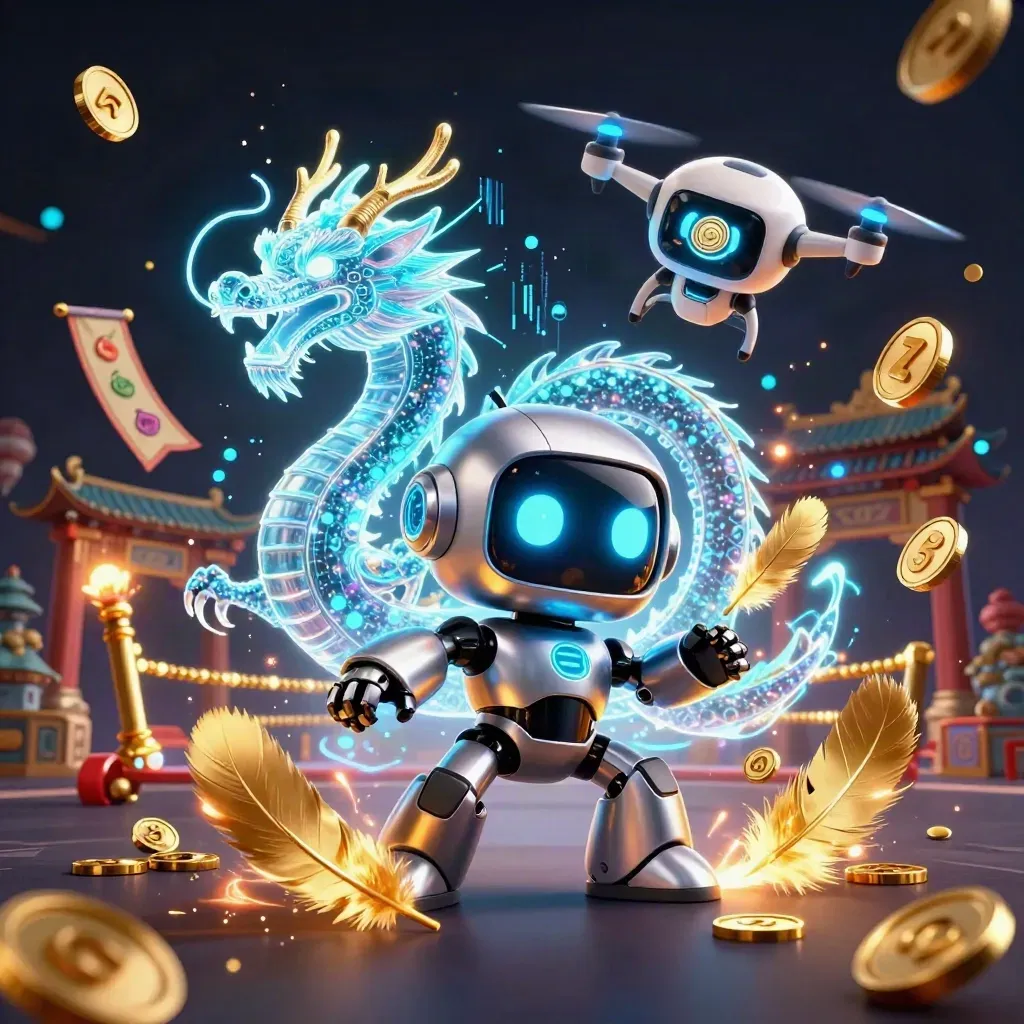 Cyberpunk robot, holographic dragon, and coin drone amid gold bursts in a neon casino vault.