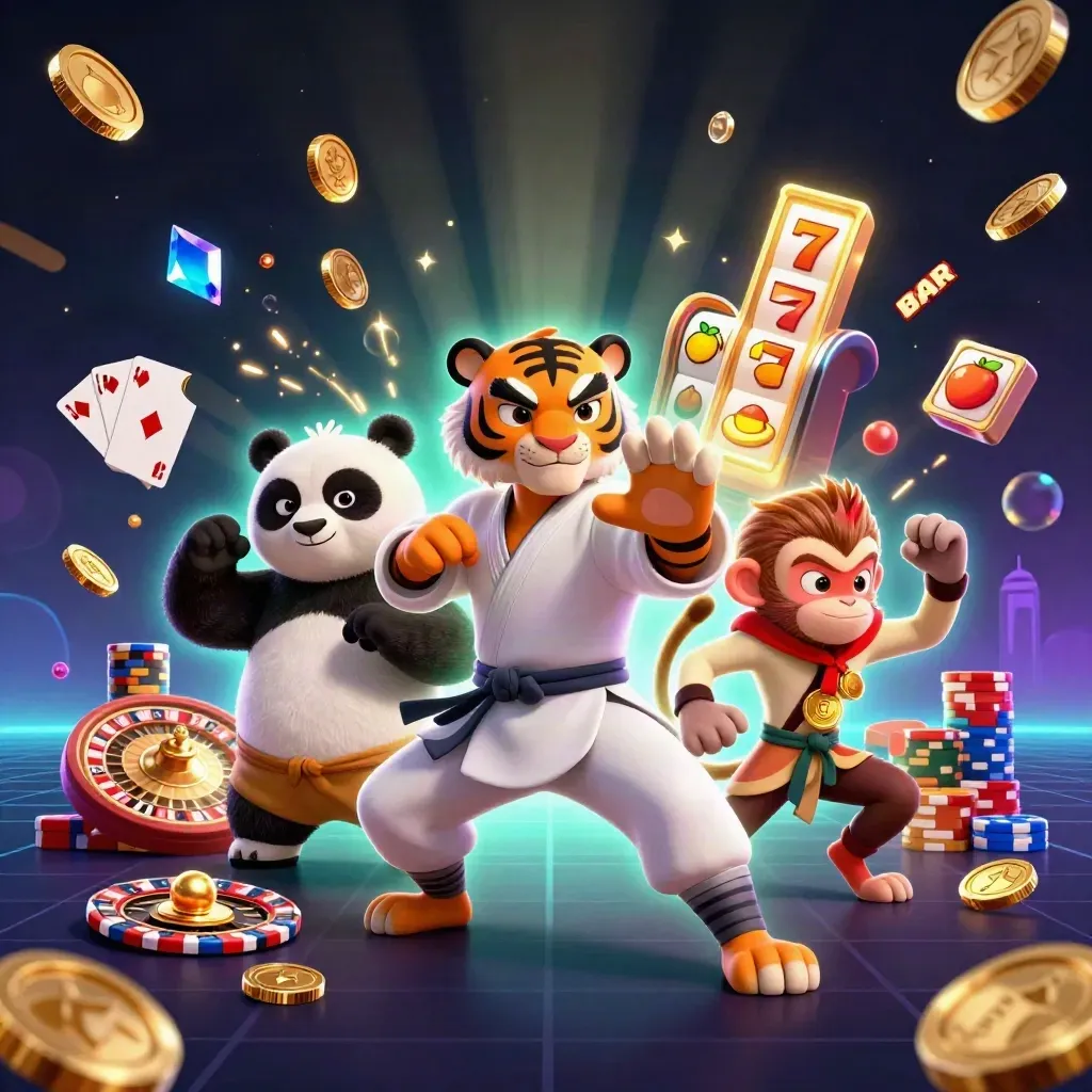 Tiger, panda, and monkey in kung-fu action amid casino coins, gems, roulette, chips, and neon glow.
