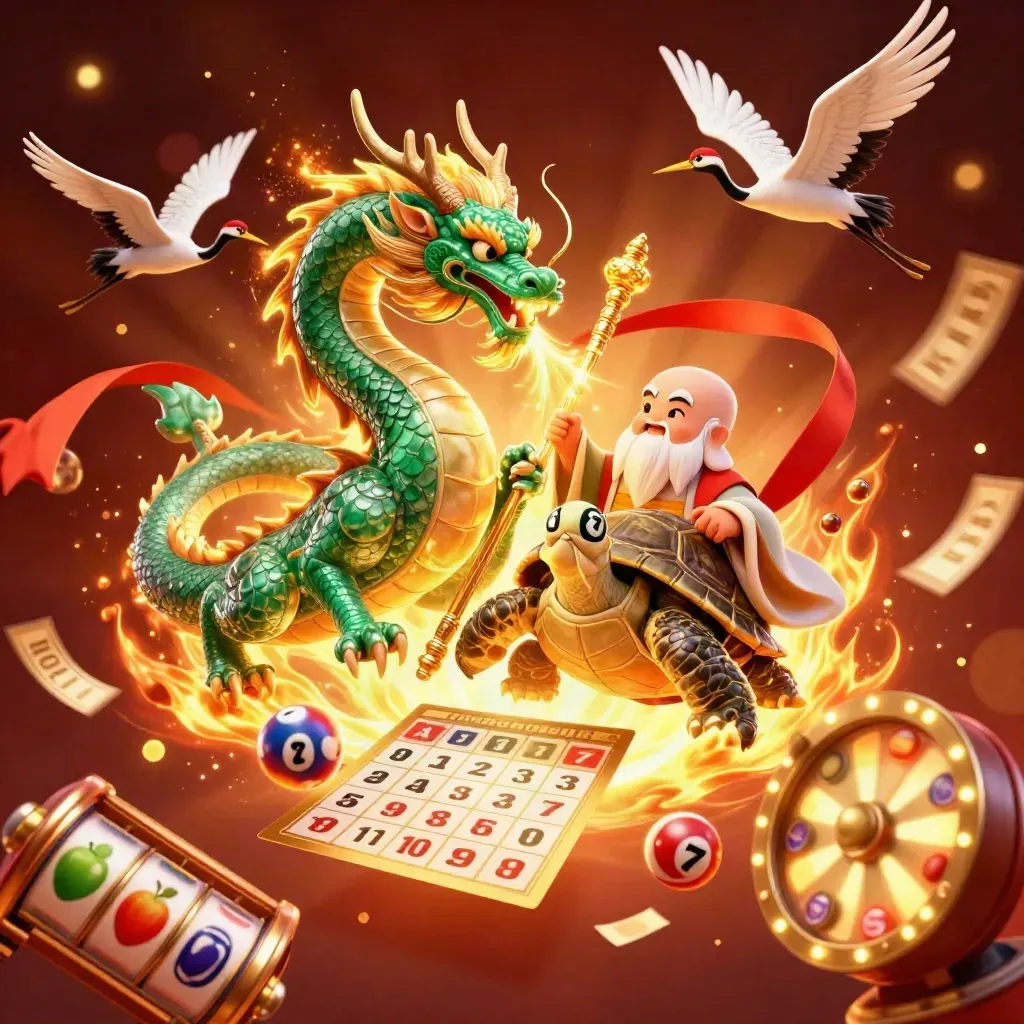 Emerald dragon, turtle sage, and cranes amid casino tokens, fire, and gold glow