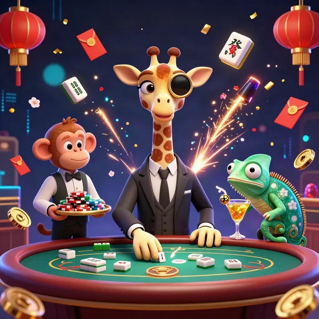 Giraffe, monkey, and chameleon at a glowing casino table with treasure, coins, and neon effects.