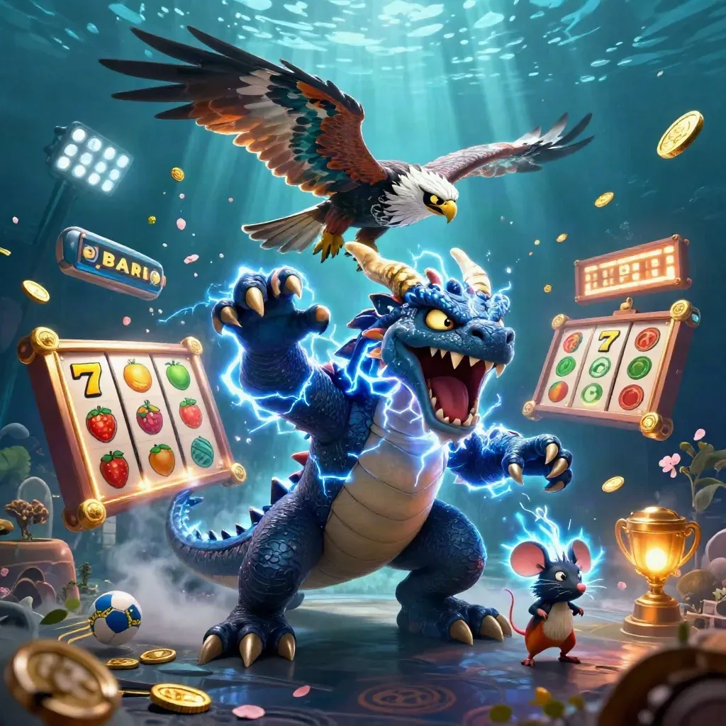 Thunder dragon, hawk, and static mouse amid casino coins, reels, and blue lightning underwater.