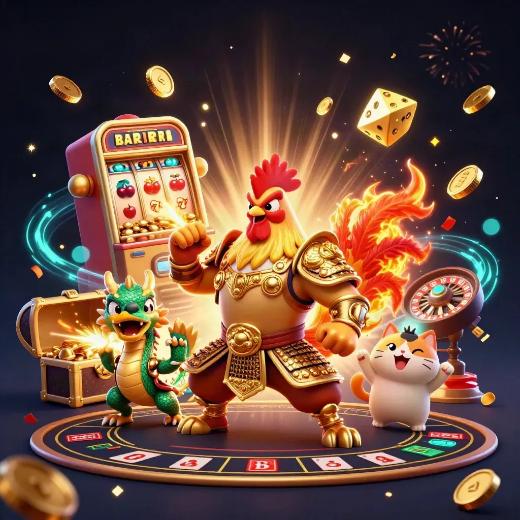 Rooster samurai, dragon hatchling, and fortune-cat amid jackpot coins and casino fireworks.