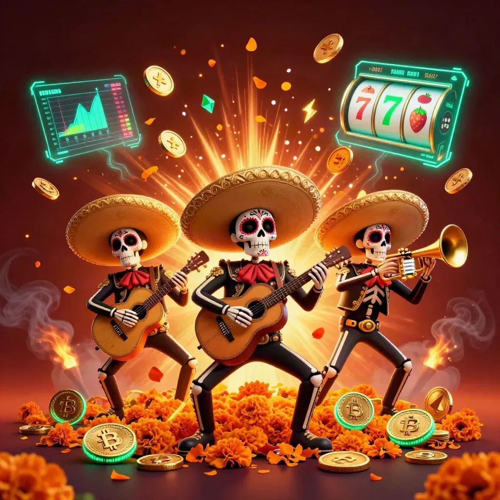 Skeleton mariachi trio amid neon coins, slots, crypto, embers, and jackpot energy.