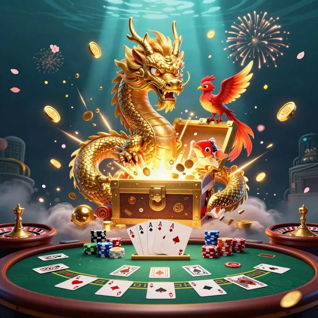 Golden dragon, phoenix, koi, casino chips, cards, and coins bursting in a luxe dark scene.