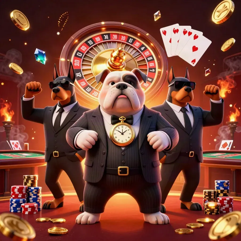 Boss bulldog with two doberman guards amid coins, roulette, chips, cards, embers, and fireworks