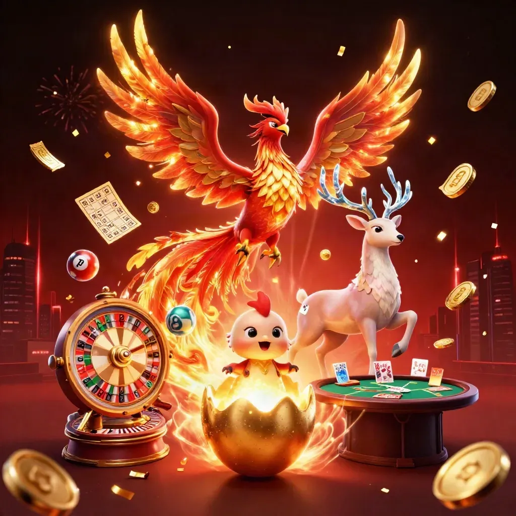 Phoenix, hatchling, and crystal stag amid coins, fireworks, roulette, and casino glow.