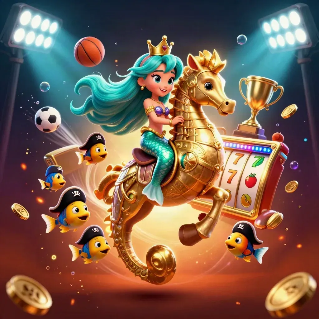 Mermaid princess on an armored seahorse, with pirate fish, coins, reels, and casino glow.