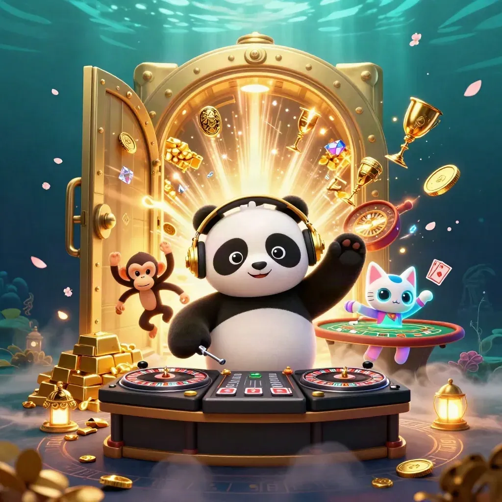 Panda DJ, monkey, and kitten party around a bursting gold vault and casino treasure