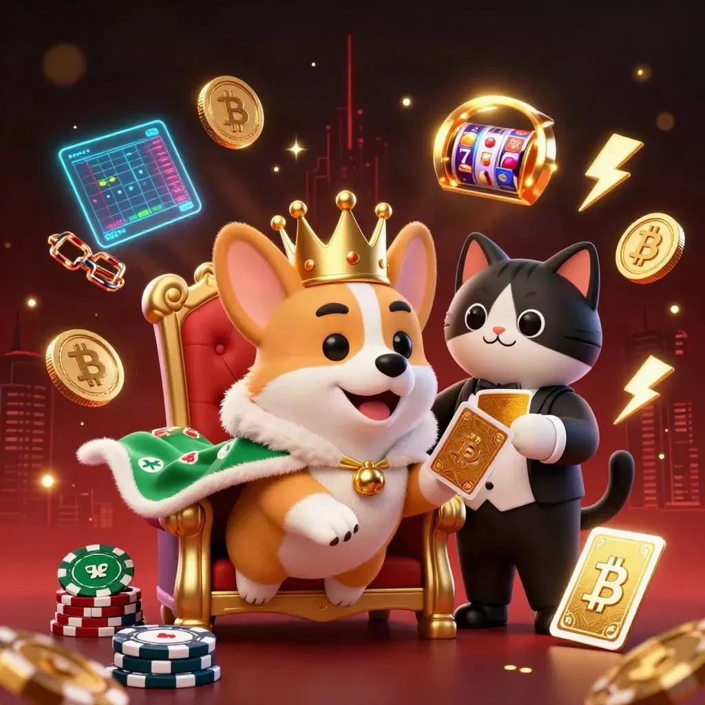 Royal corgi king and cat butler amid casino coins, cards, and neon effects.