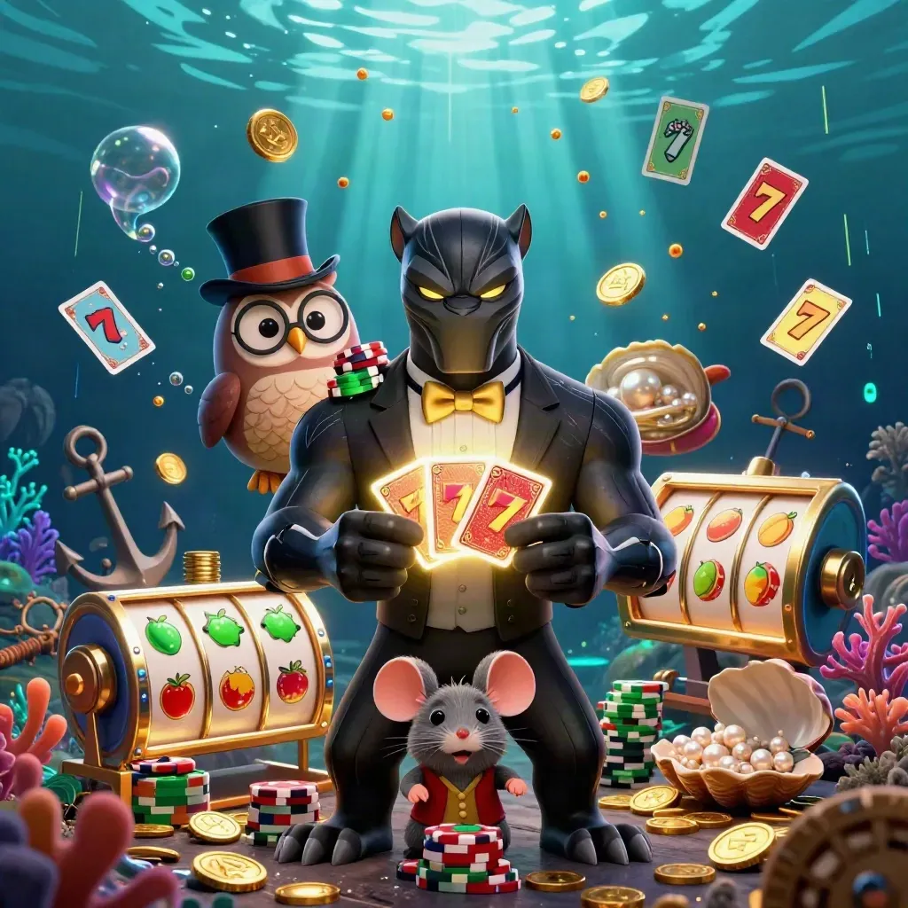Black panther, owl and mouse in tuxes amid underwater treasure, chips, cards and gold coins