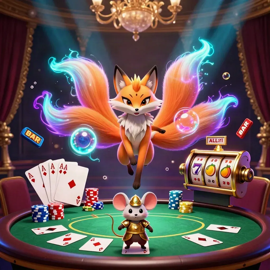 Neon nine-tailed fox, samurai mouse, casino props, and glowing cards on a dark luxe backdrop.