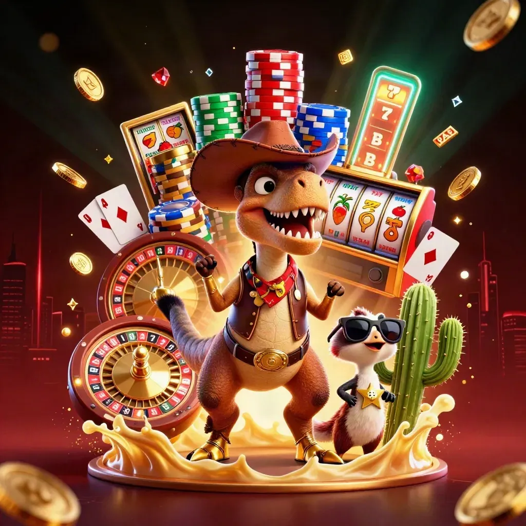 Cowboy T-Rex, cactus, and roadrunner amid casino reels, coins, chips, and a roulette wheel