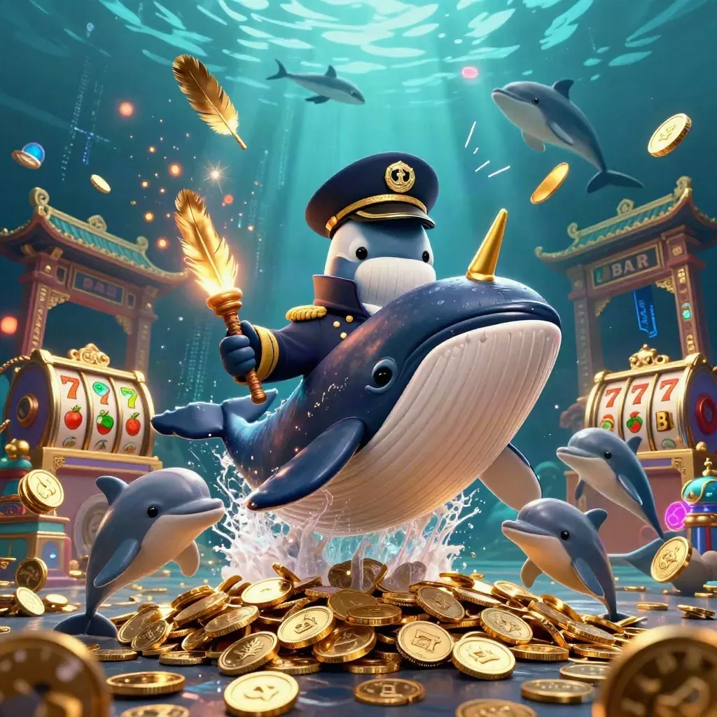 Whale captain, narwhal, and dolphins burst through coins with casino effects